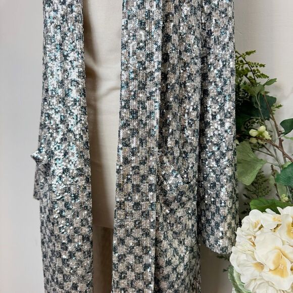Steve Madden Shae Silver Sequin Longline Duster Jacket | Medium | Anthropologie - Picture 6 of 12